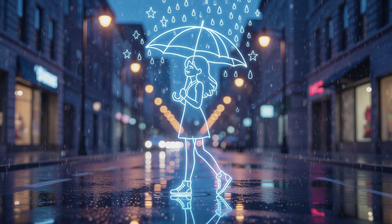 Rainy Street Scene with Neon Girl and Glowing Details