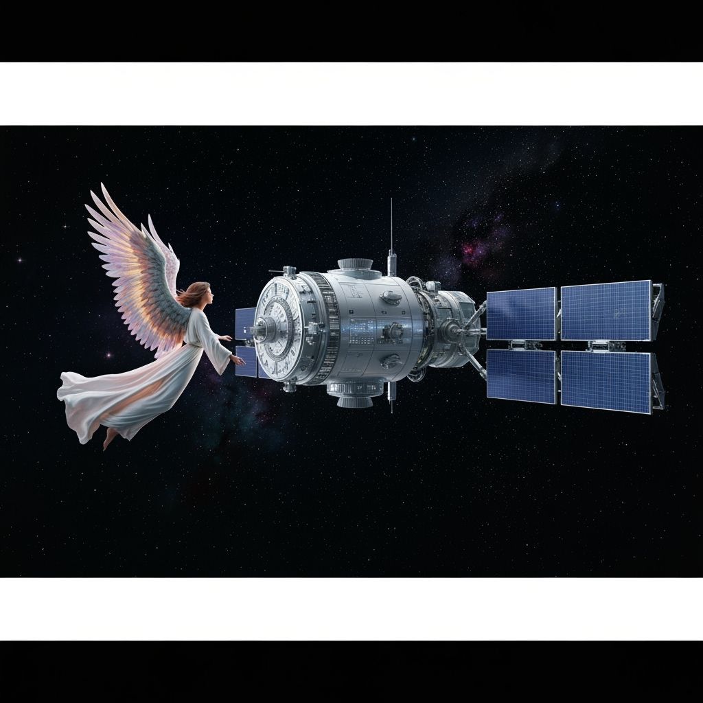 Angelic Figure Soaring Beside Satellite in Space