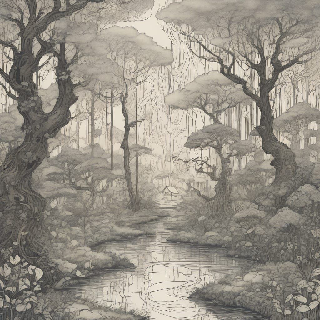 Magical Forest Illustration in Arthur Rackham Style
