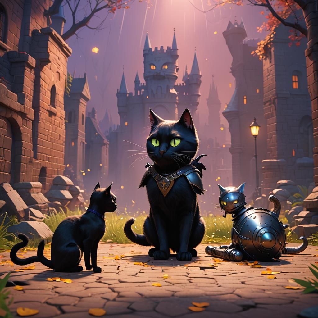 Black Cat Guardian of Fallen Knight: 3D Digital Art