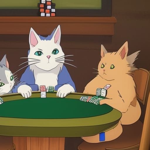 Cats Play Poker in Studio Ghibli Style