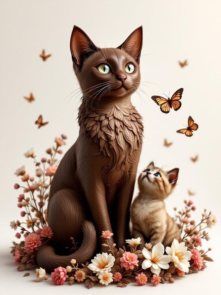 Chocolate Siamese Cat and Kitten with Flowers