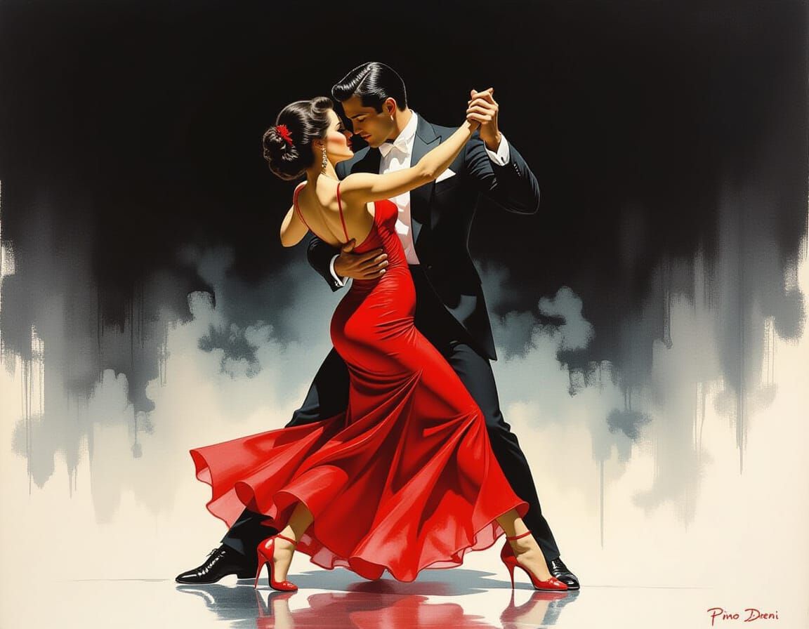 Tango Dancers in Watercolor Style on Black
