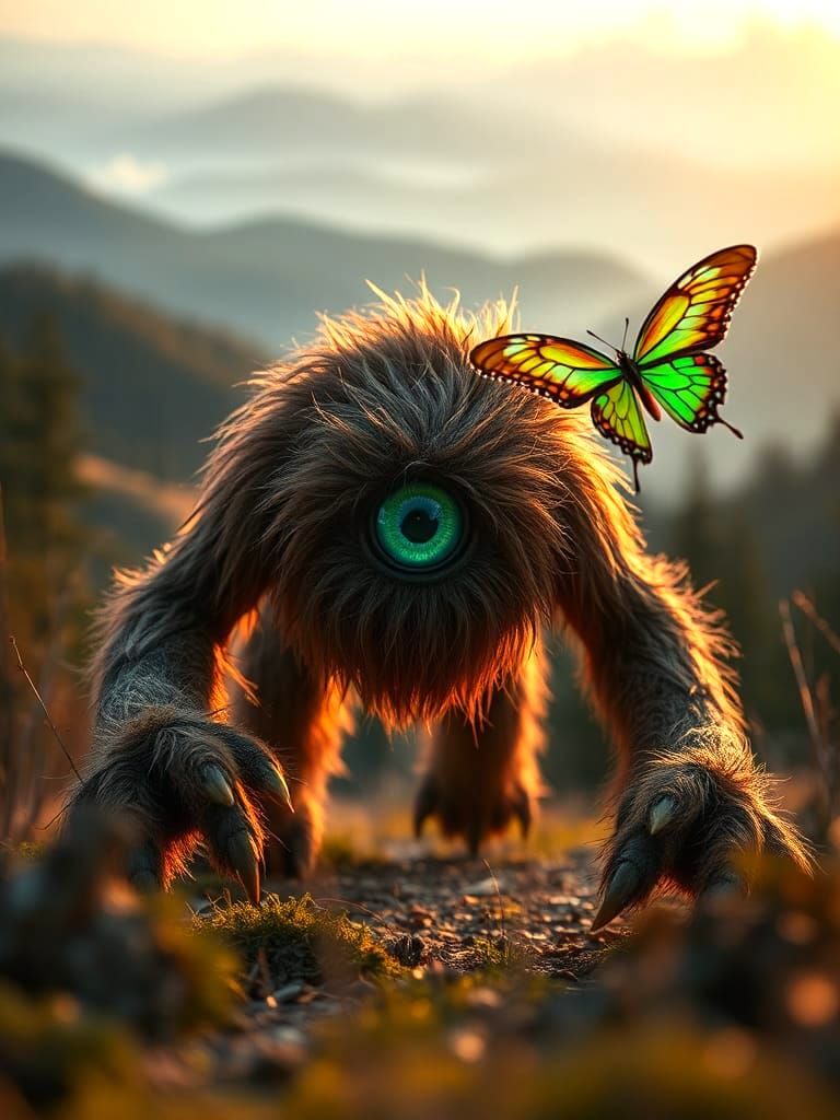 One-Eyed Fluffy Monster Following a Butterly
