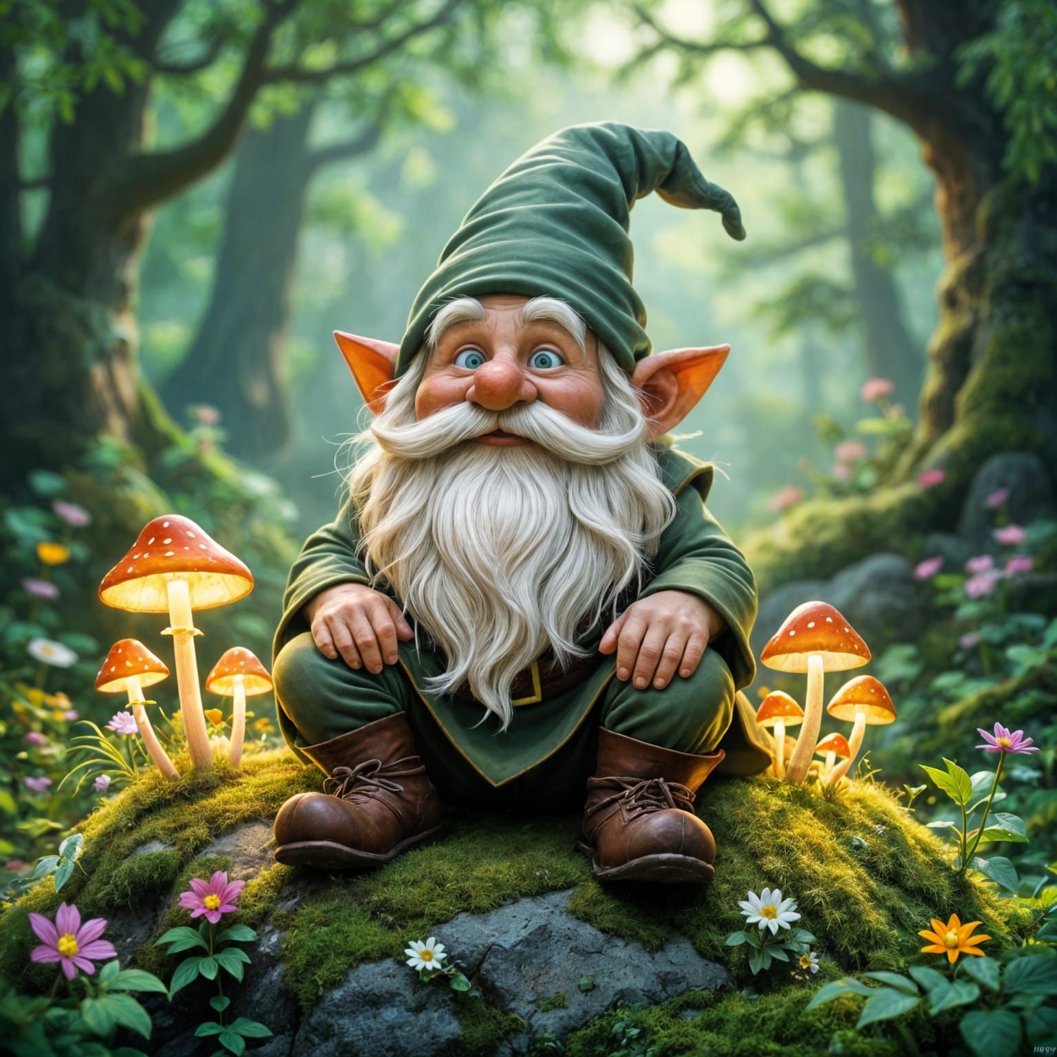 Enchanted Forest Gnome with Glowing Mushrooms, Fairy Tale Ar...