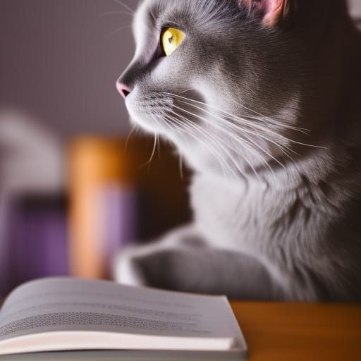 Lilac Cat Reading Book with Bokeh Lighting