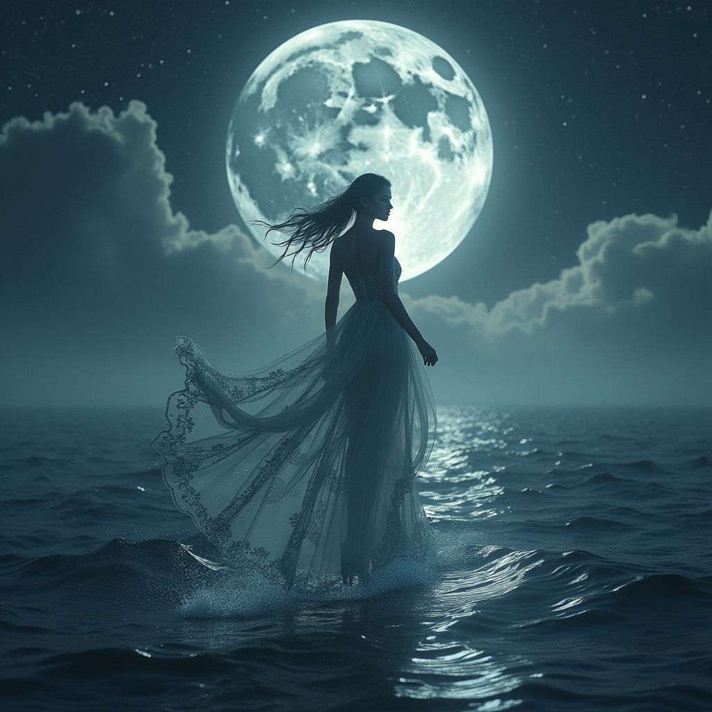 Woman Walks on Water Under Giant Moon