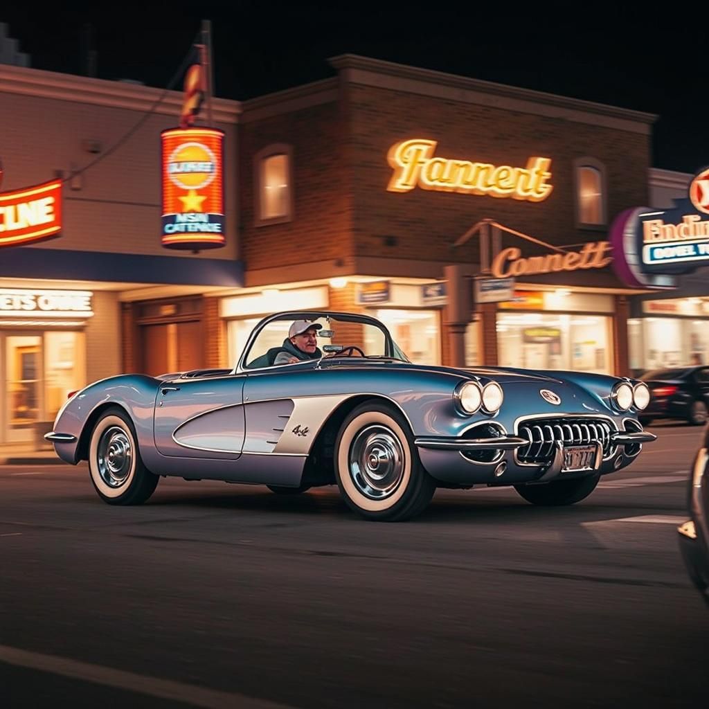 Rainbow Chrome Corvette Drives Neon City Street