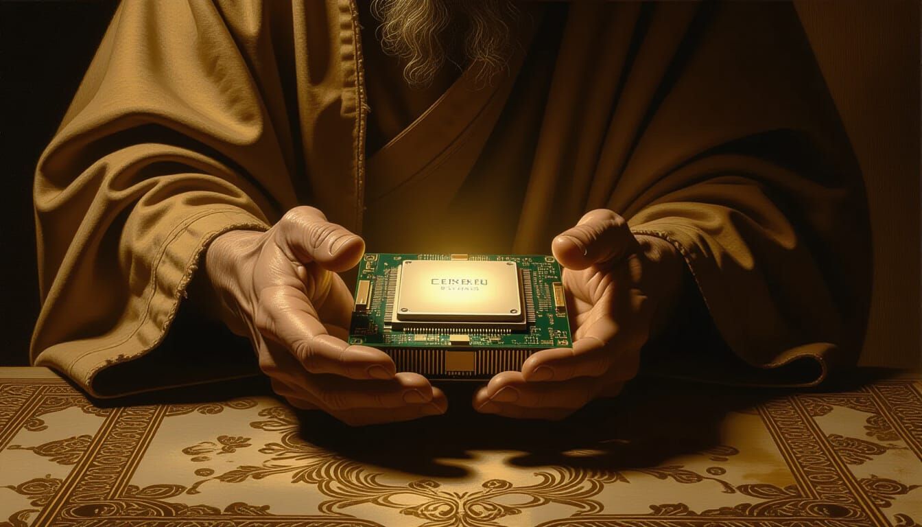 Monk Hands Cradle CPU in Rembrandt Style