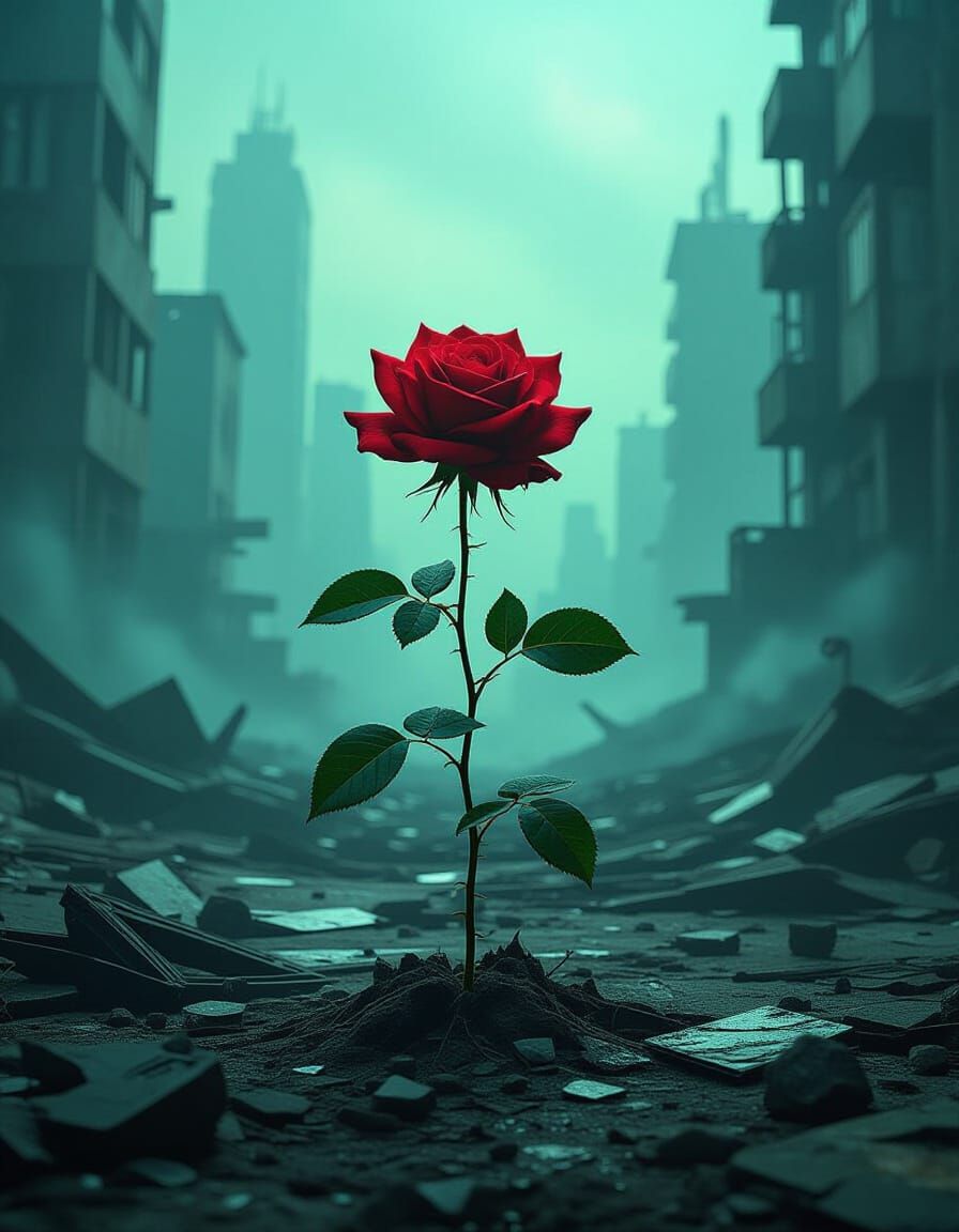 Crimson Rose Blooms in Futuristic City Ruins