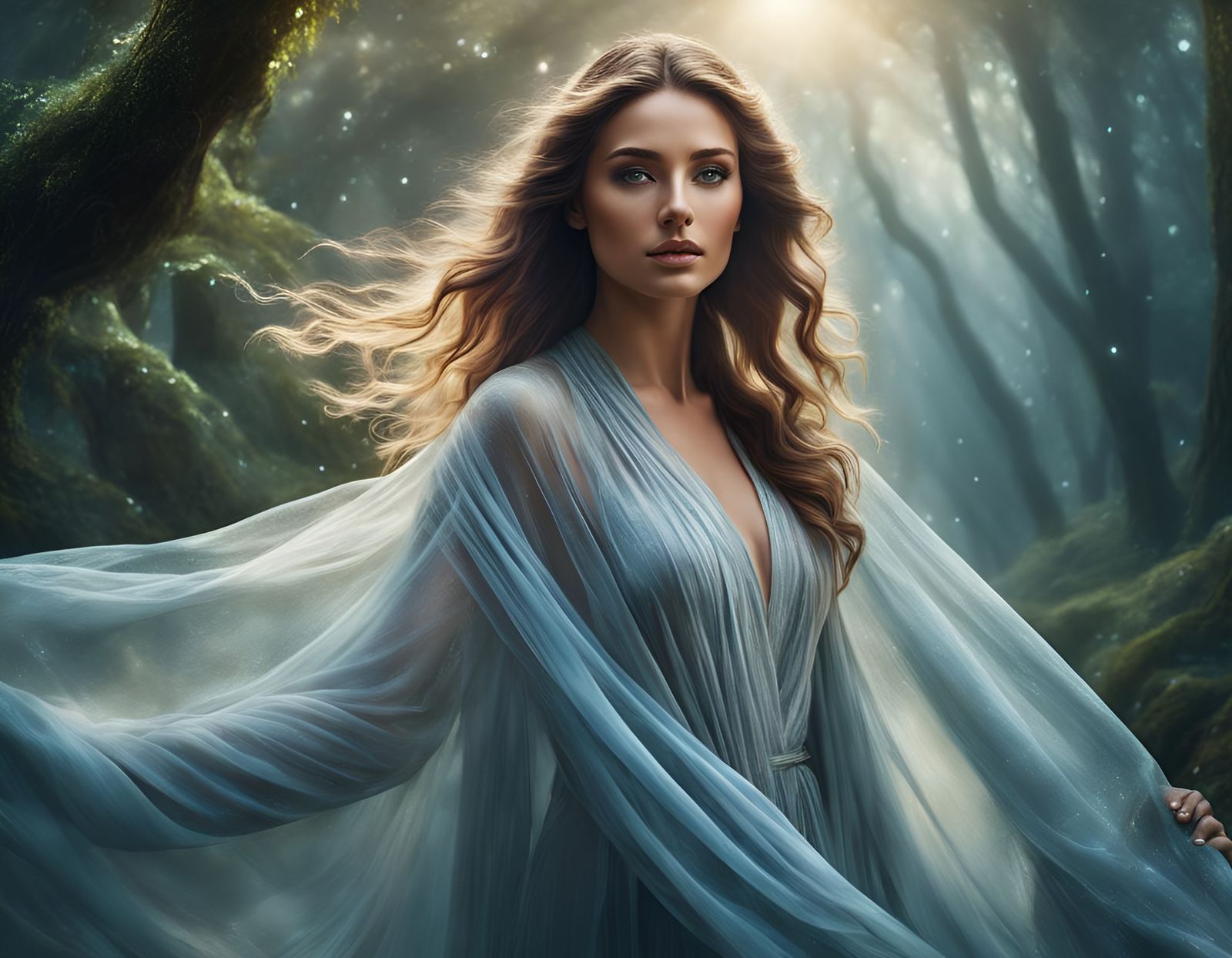 Ethereal Woman at Forest Portal in Hyperrealism