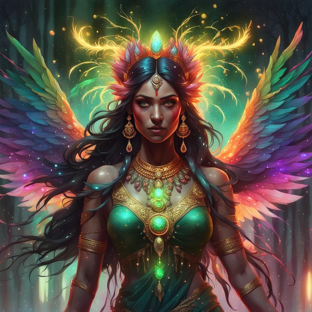 Indian Goddess with Rainbow Branches and Wings