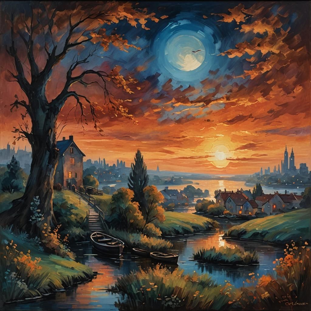 Romantic Cityscape at Sunset in Impressionist Style