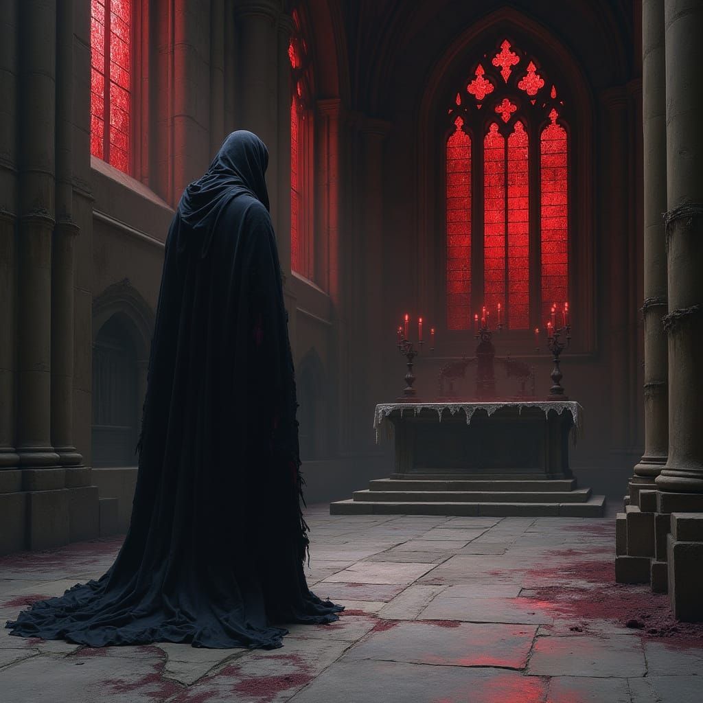 Gothic Cathedral Altar Scene with Eerie Red Light