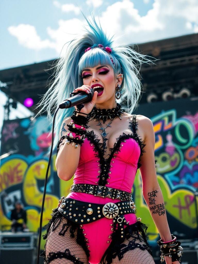 Pop-Punk Performer at Music Festival in Jamie Hewlett Style