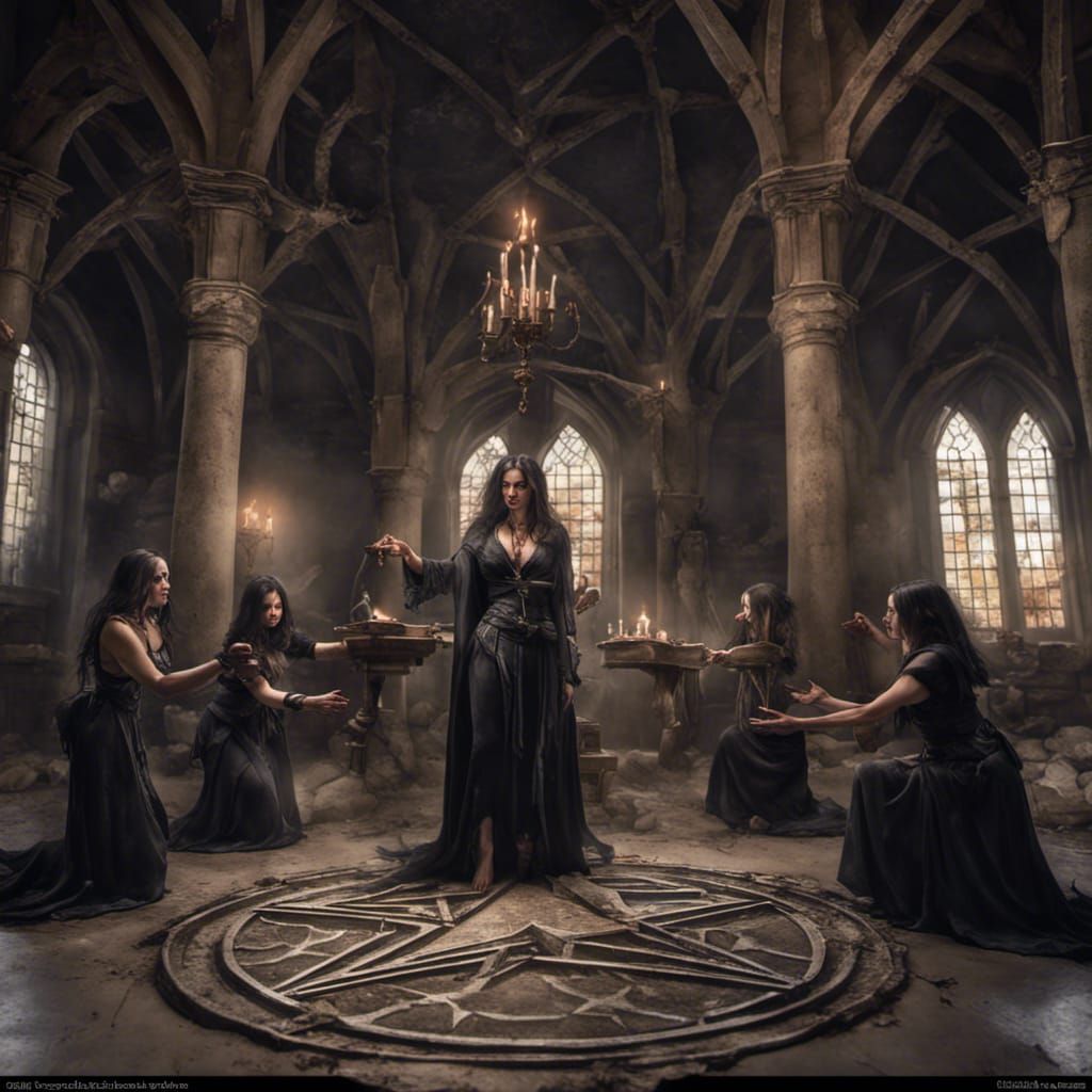 Sorceress Casting Spell with Witches in Ritual