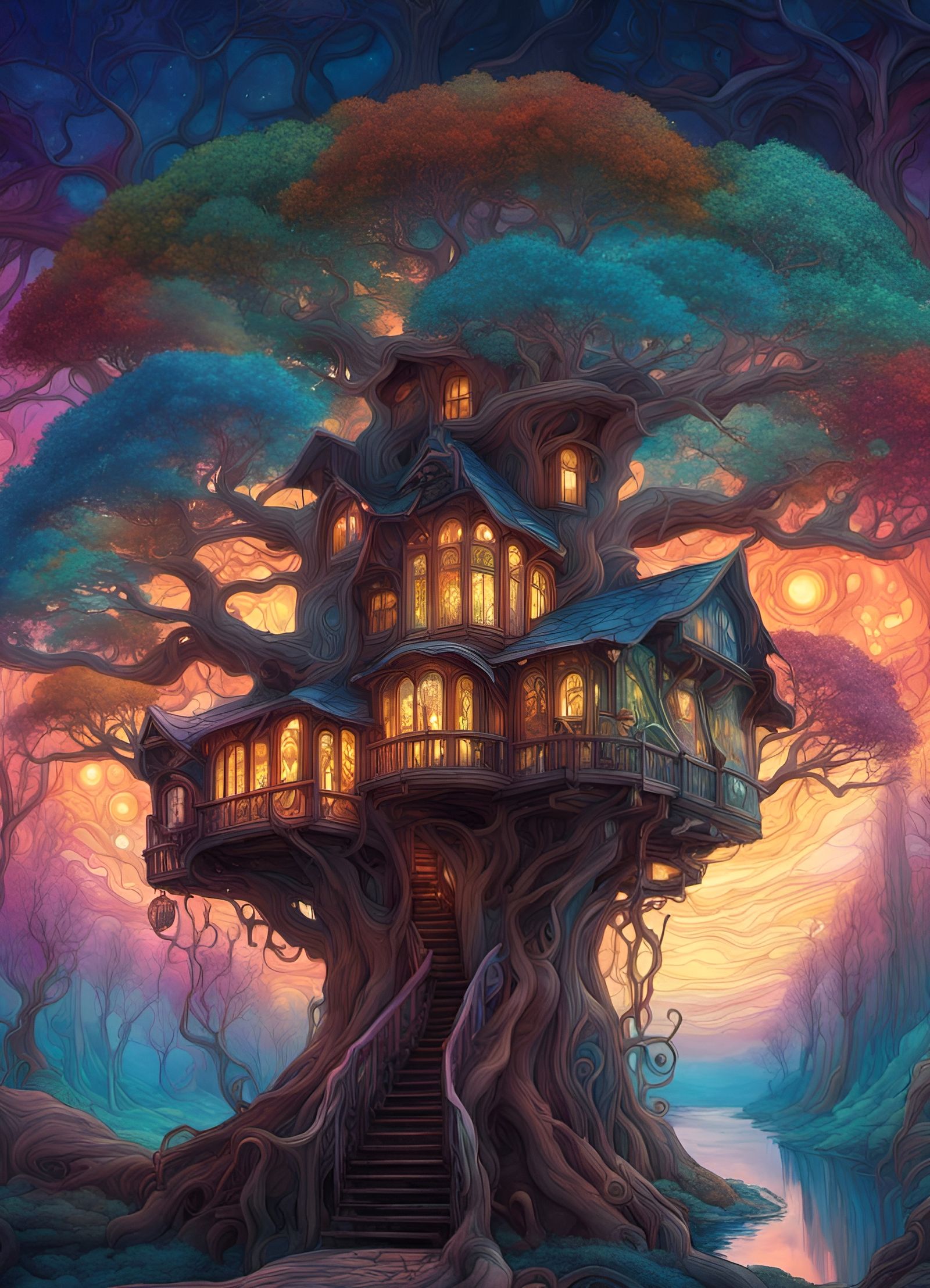 Psychedelic Treehouse in Art Nouveau Style