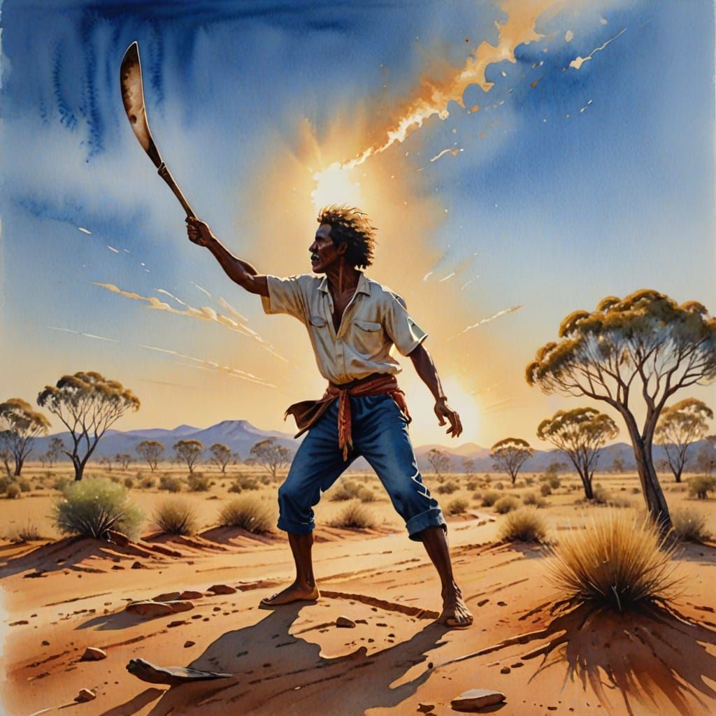 Aborigine Throwing Boomerang in Watercolour Painting