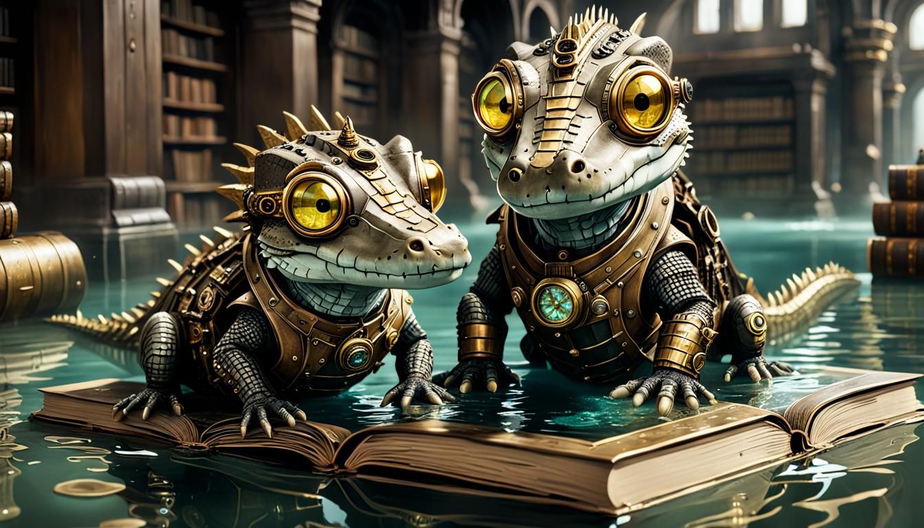 Steampunk Chibi Crocodiles in Flooded Library