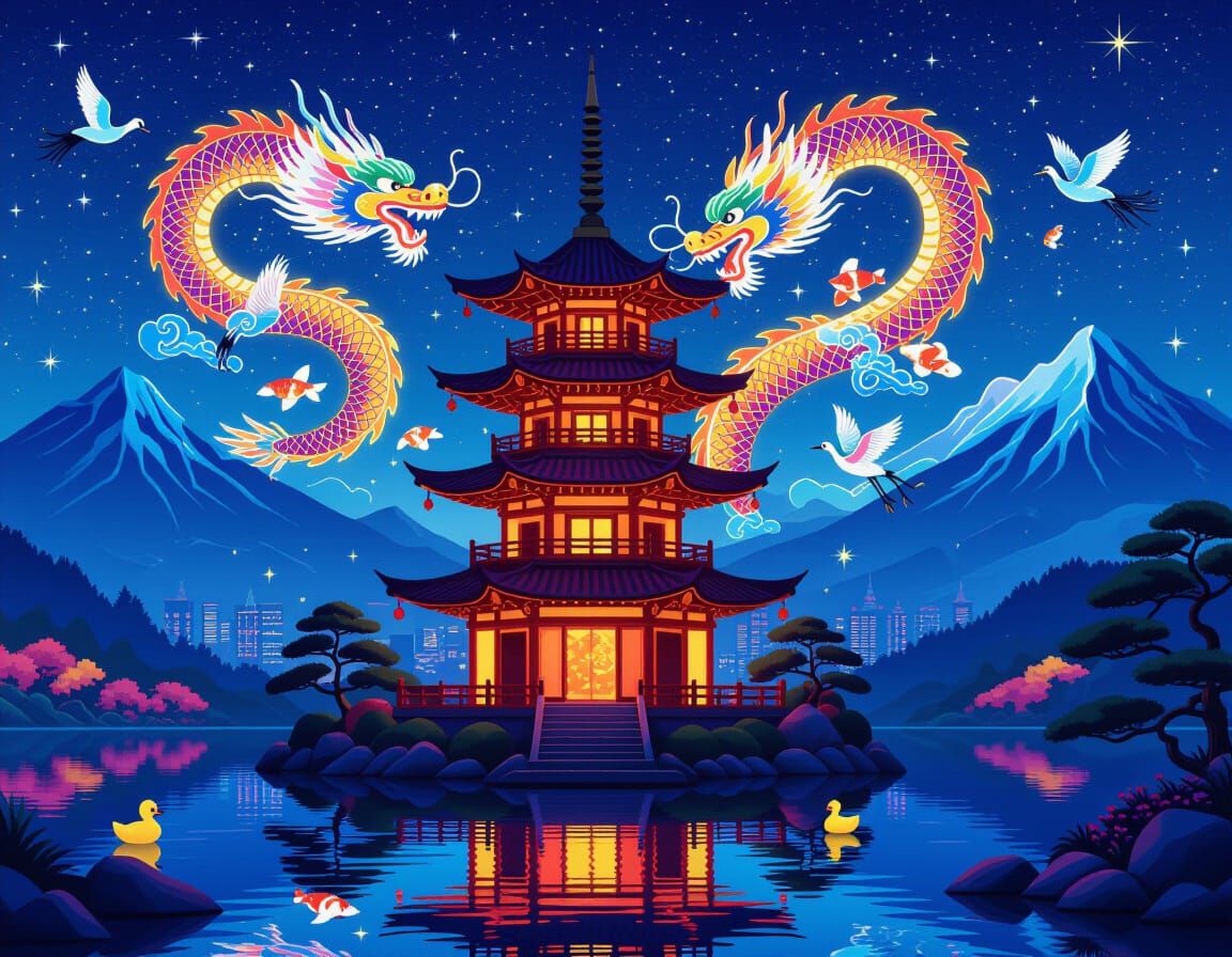Glowing Pagoda with Dragon Under Starry Sky