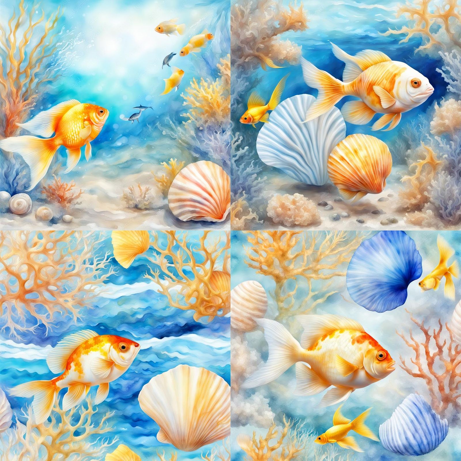 Goldfish Emerges from Shell in Watercolor Seascape