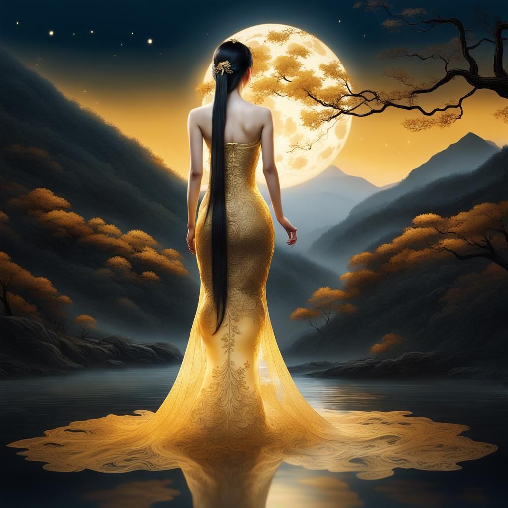 Golden Silhouette: Korean Woman in Lace Dress