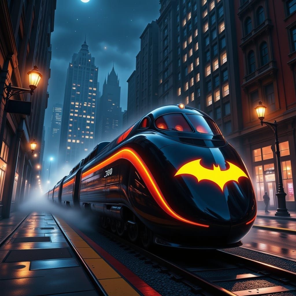 Batman's Ominous Future Train Speeds Through Gotham City