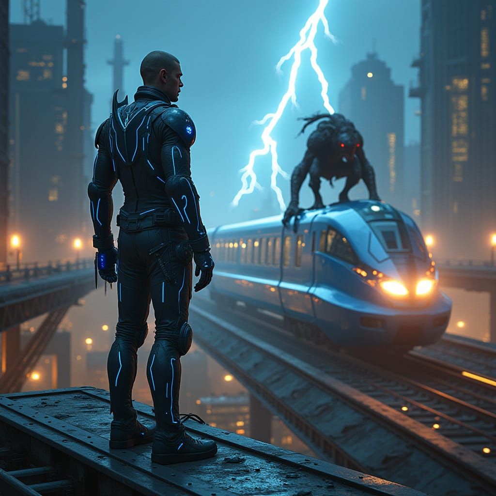 Armored Figure and Grotesque Creature on Maglev Train