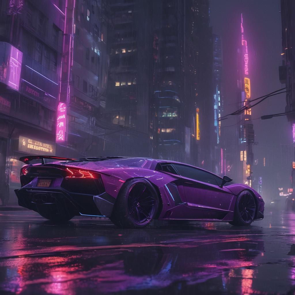 Neon Lamborghini Aventador in Cyberpunk Cityscape