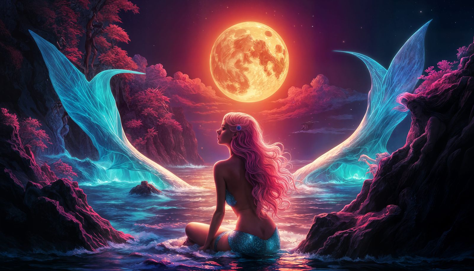 Mermaid and Siren Kiss Under Full Moon in Neon Ocean