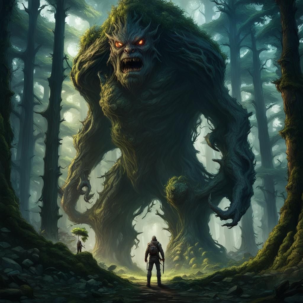 Giant Tree Monster in Lush Forest, Dark Fantasy Art