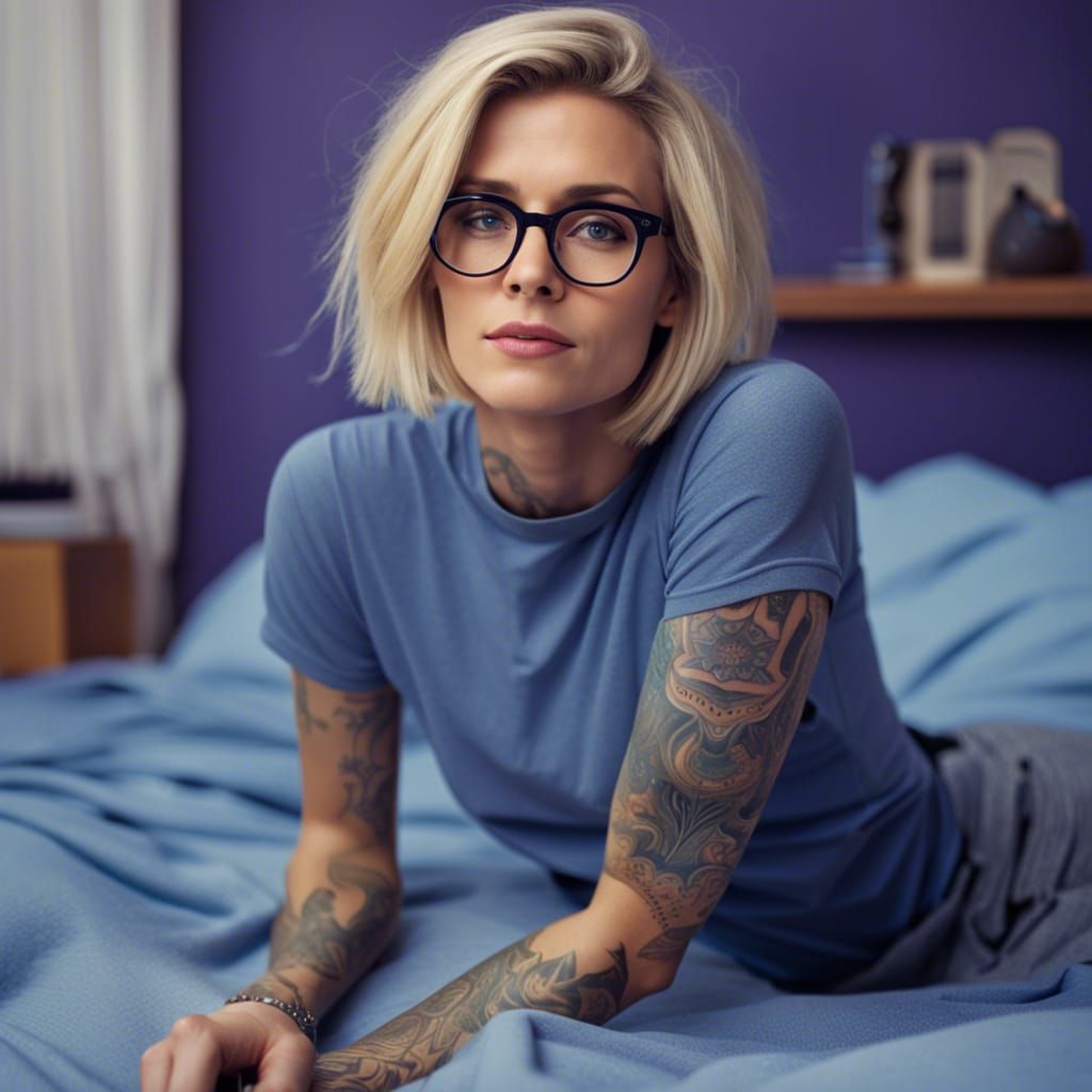 Blond Woman with Tattoos Relaxes in Blue Bedroom