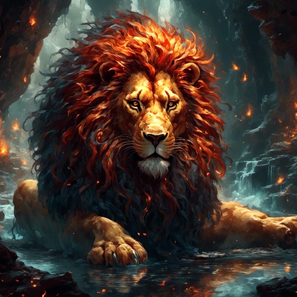 Fiery Lion Roaring in a Dark Cave