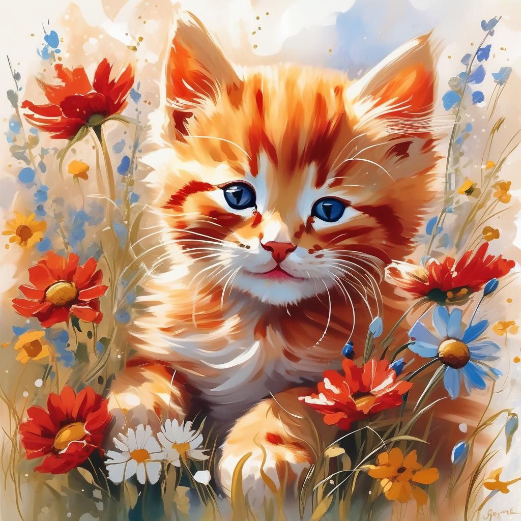 Happy Kitten with Flowers, Watercolor Style