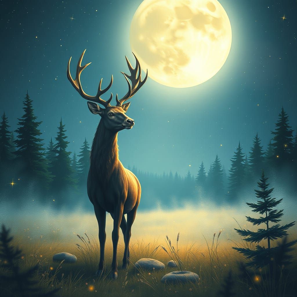 Stag in Moonlit Clearing with Ethereal Glow