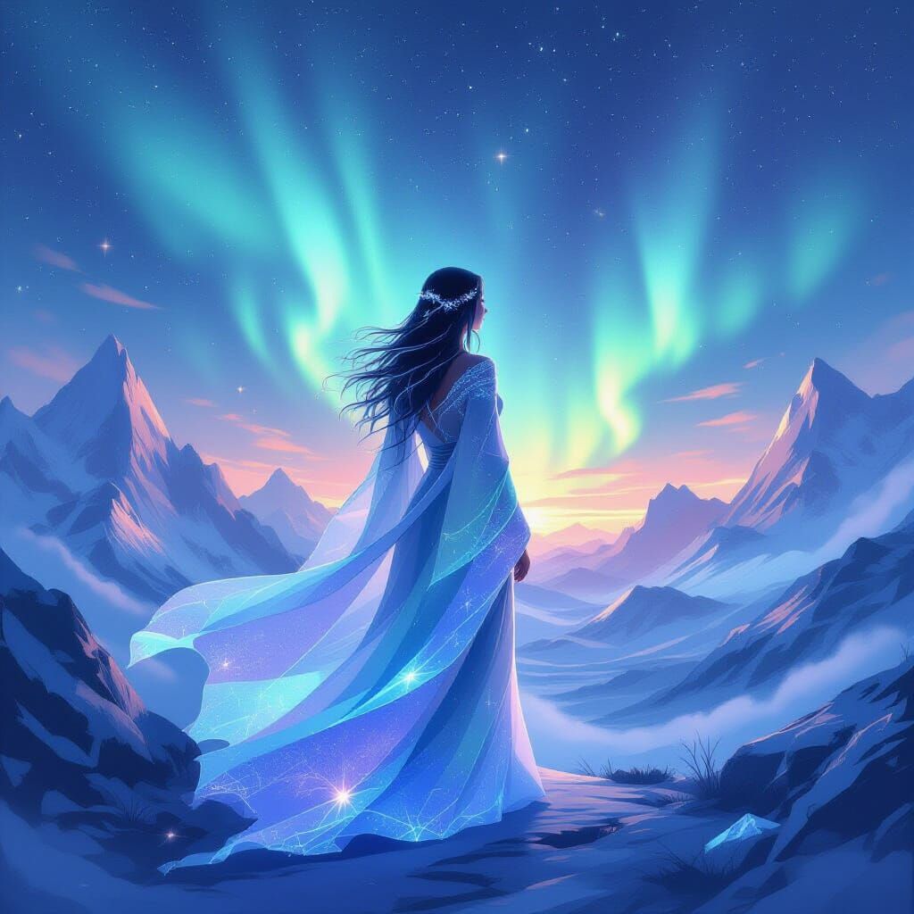Celestial Being in Crystalline Mountains with Aurora Skies