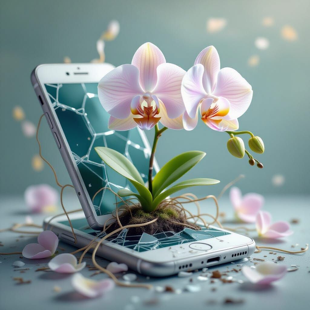 Orchid Blooming in Broken Phone: Dreamy Ethereal Art