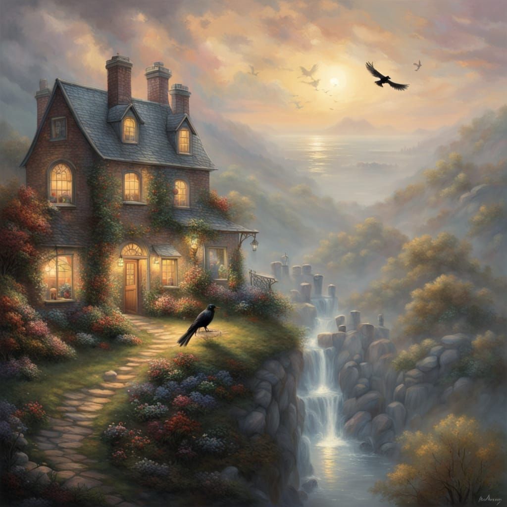 Mystical Tea Party on Mountain Ledge in Golden Light