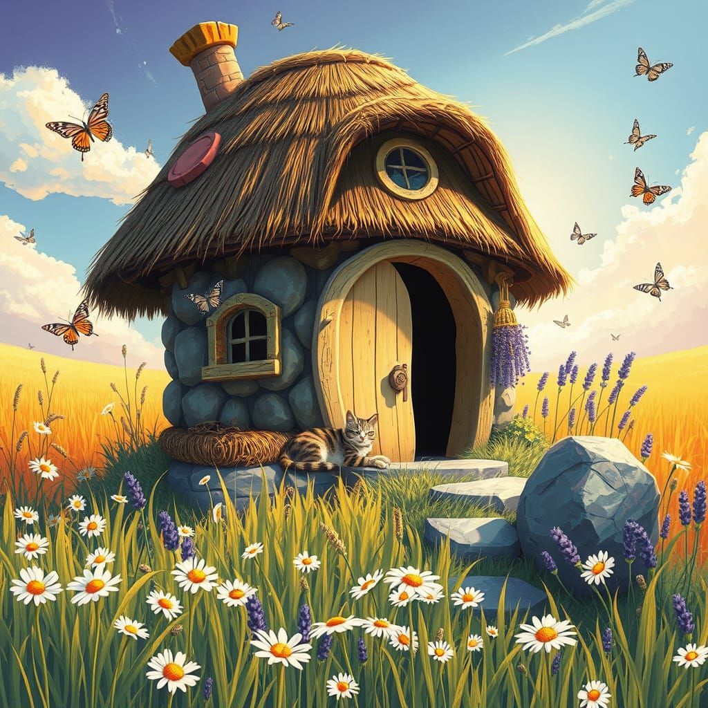 Whimsical Witch Hut in Meadow, Graffiti Art Style