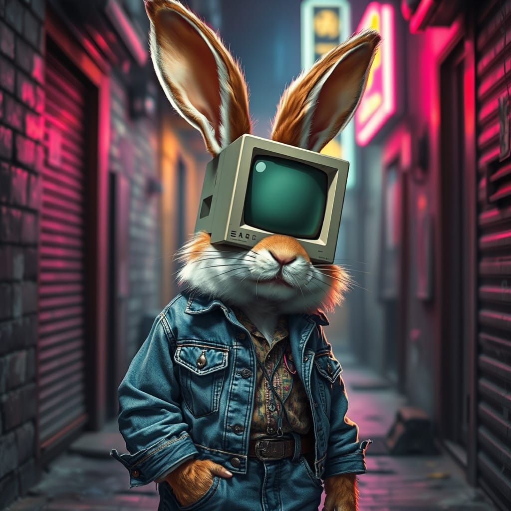 Retro-Futuristic Rabbit in Distressed Cyberpunk Alleyway