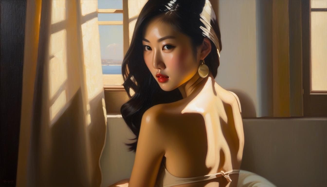 Petite young beautiful asian woman in beige bikini close-up 2/3 view oil painting Vermeer style :: subtle colors and tex...