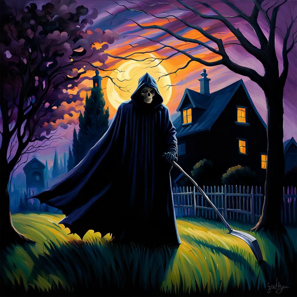 Grim Reaper Mowing Lawn in Van Gogh Style