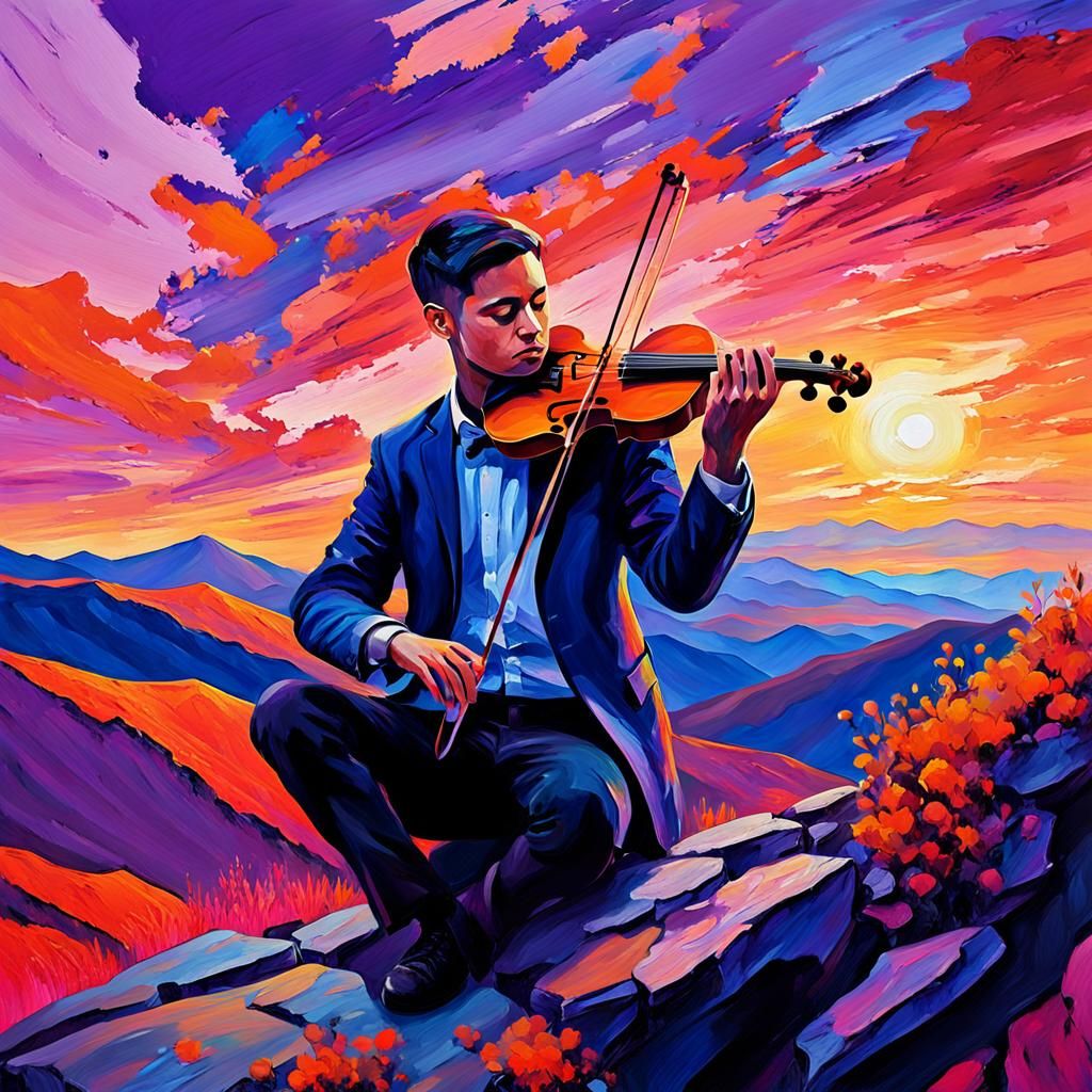 Vibrant Sunset Violinist in Fauvist Style