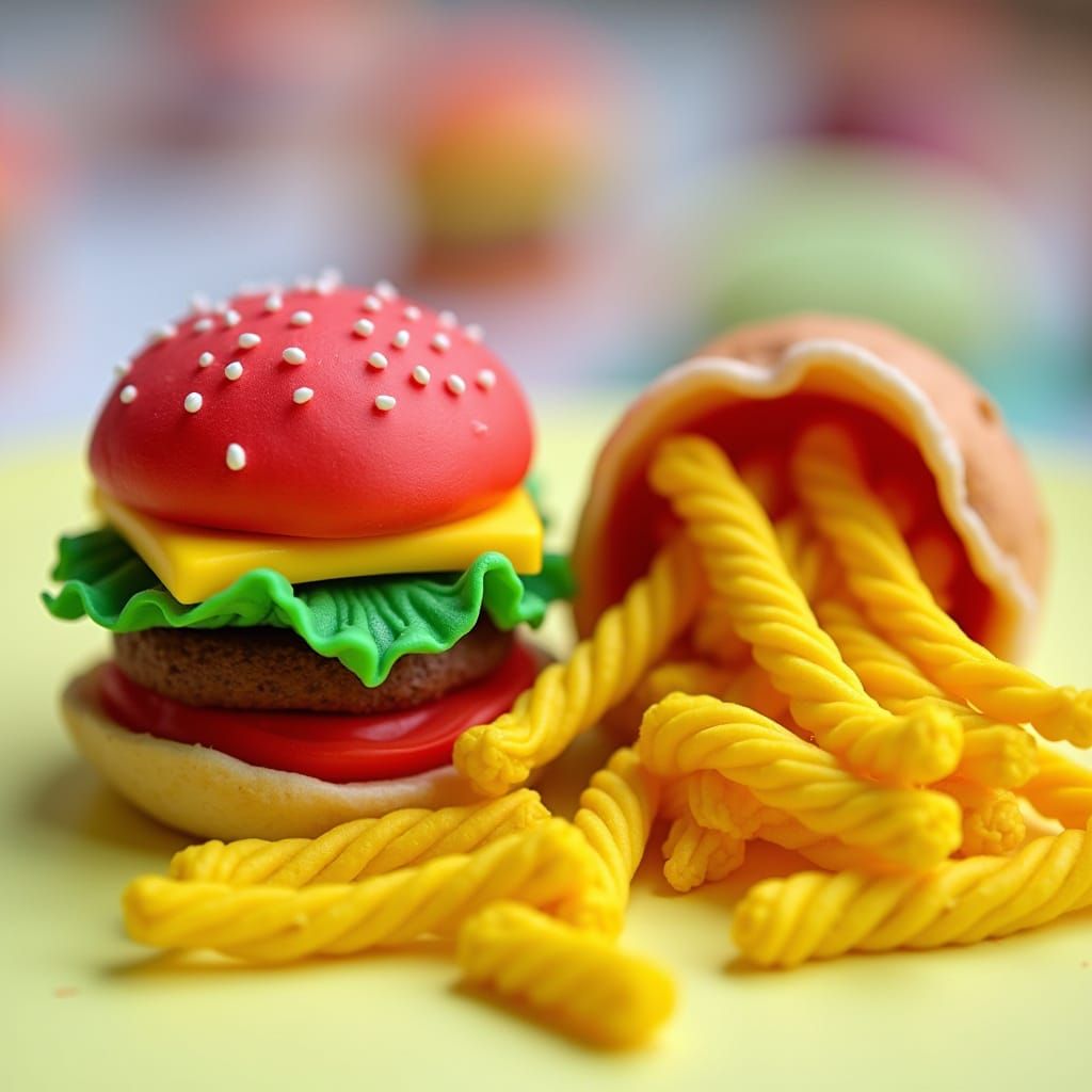 Vibrant Playdoh Burger and Fries in Whimsical Textures