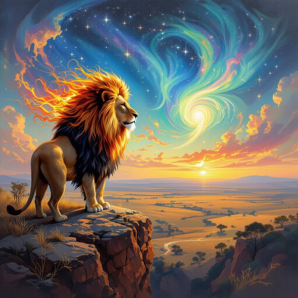 Fiery Lion Overlooking Mystical Savannah as Oil Painting