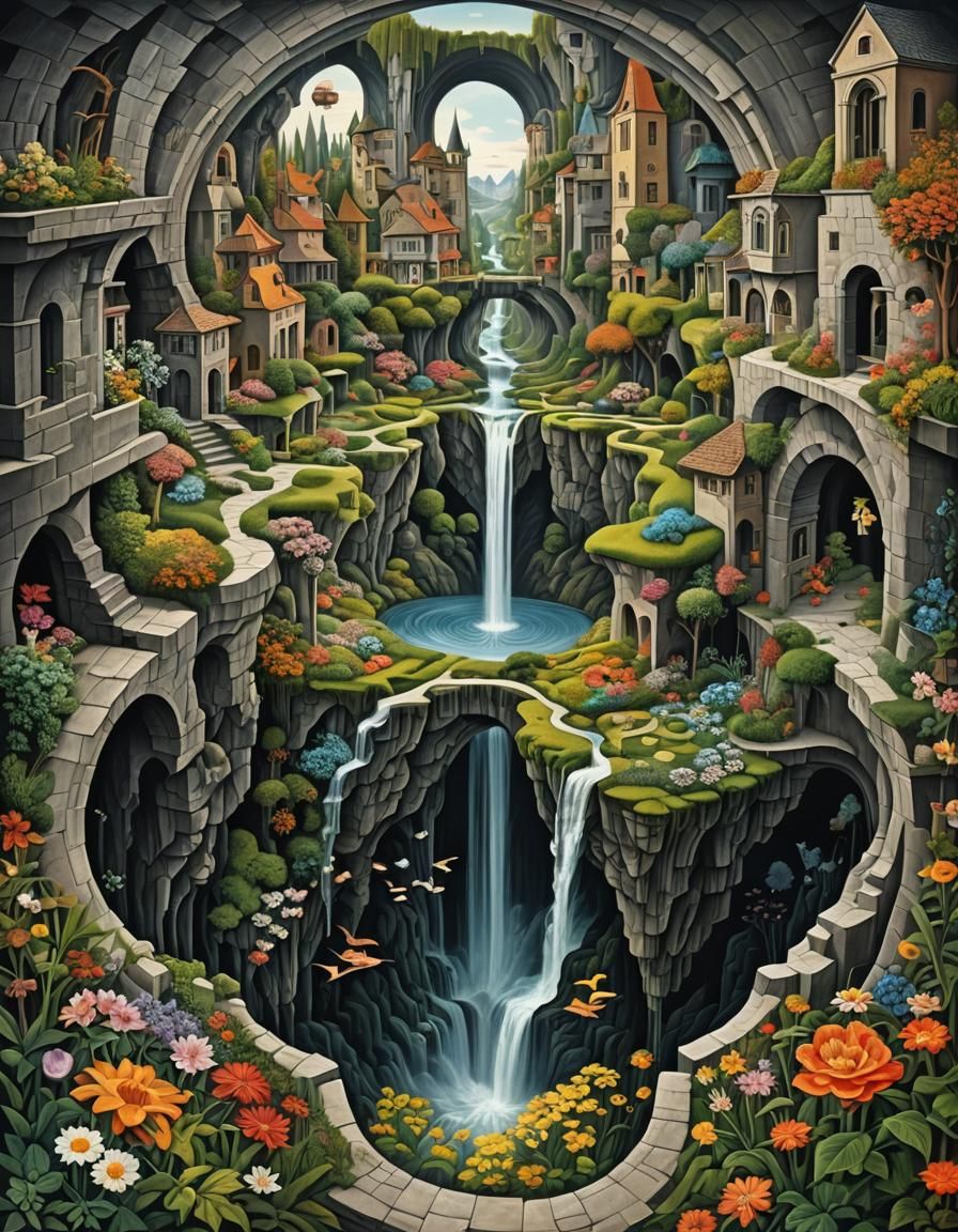 Surreal Waterfall World in Escher Style