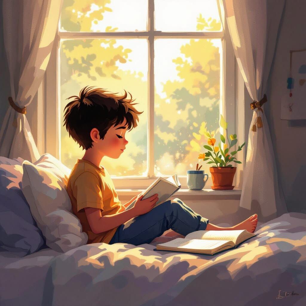 Boy Regrets Failed Morning Resolutions in Painterly Style