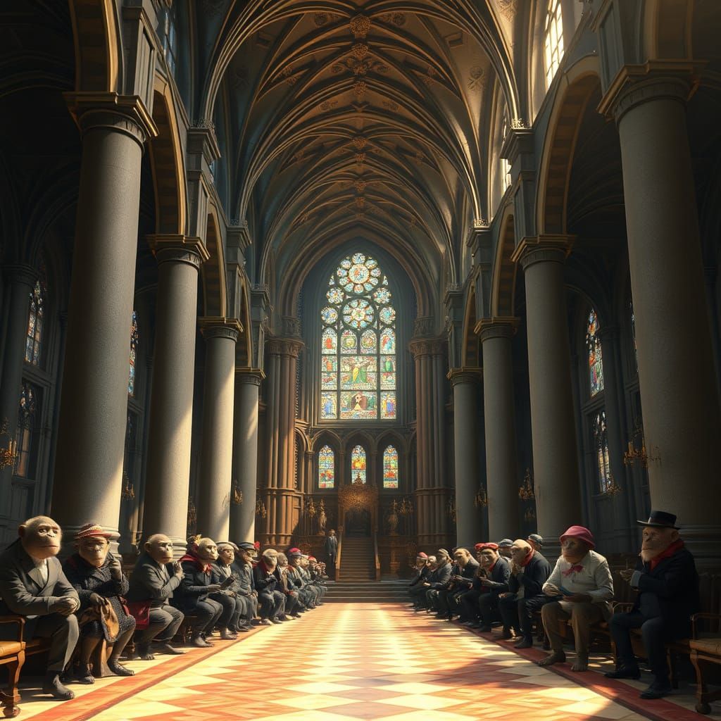 Refined Monkeys Gather in Grand, Victorian-Era Cathedral