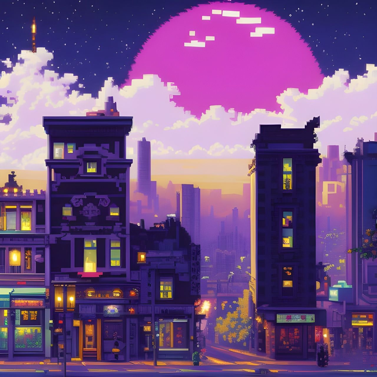 Pixel Art Cyberpunk Cityscape Under Moonlight