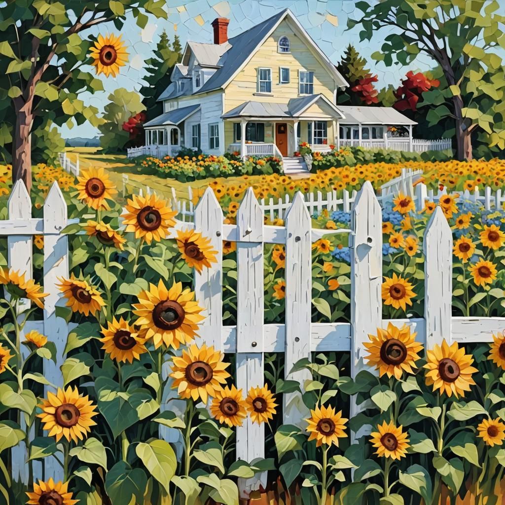 Impasto style. Sunflower garden. White picket fence. Cottage...